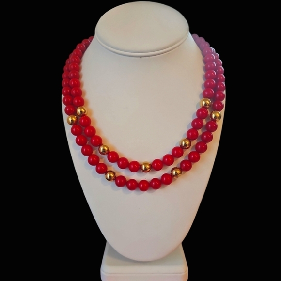 Vintage Napier Red and Gold beaded two strands necklace - Picture 5 of 5